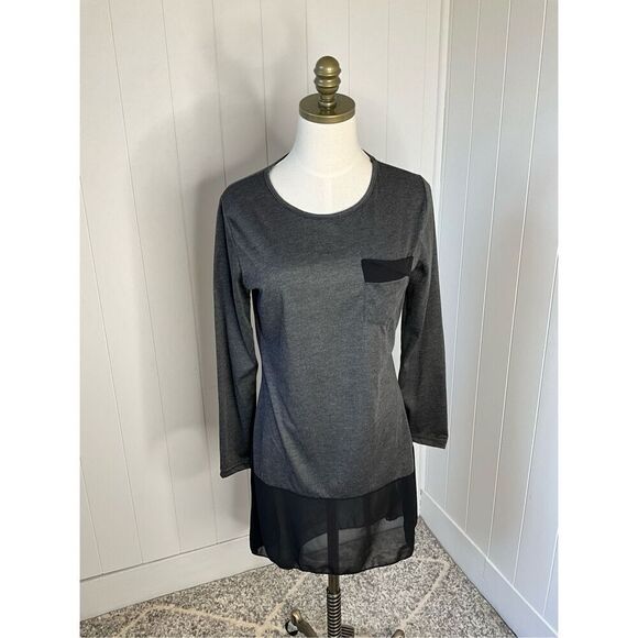 Womens Size Medium Mini Dress Gray Black Hi Low Sheer Bottom Long Sleeve - Picture 1 of 10